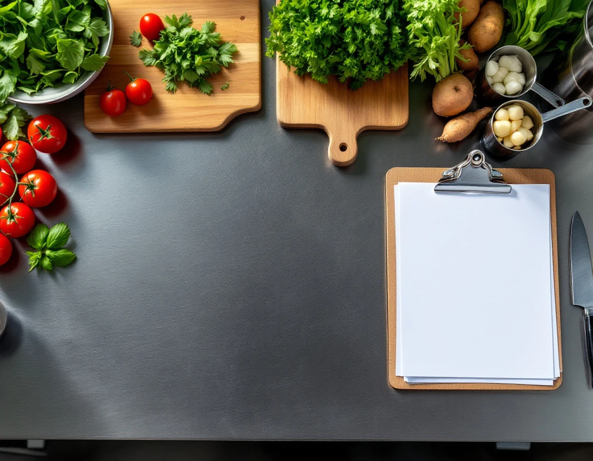 Commercial kitchen counter with fresh ingredients, prep tools, and blank training documents arranged for observation