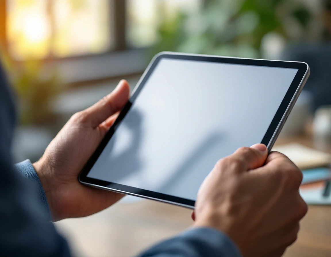 Professional hands holding tablet device during training session with natural lighting and blurred workspace