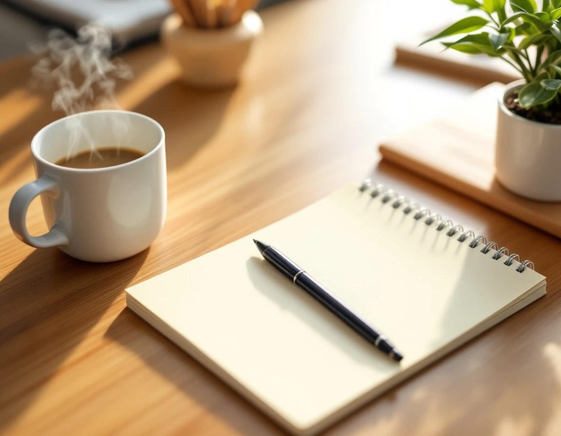 Blank notepad with pen and coffee cup on wooden desk in professional office workspace