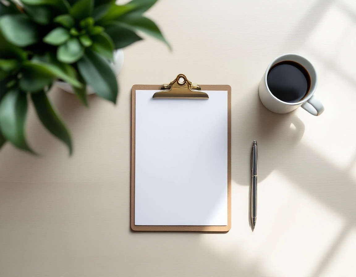 Clean office desk with blank clipboard, coffee mug, pen, and plant in soft natural lighting