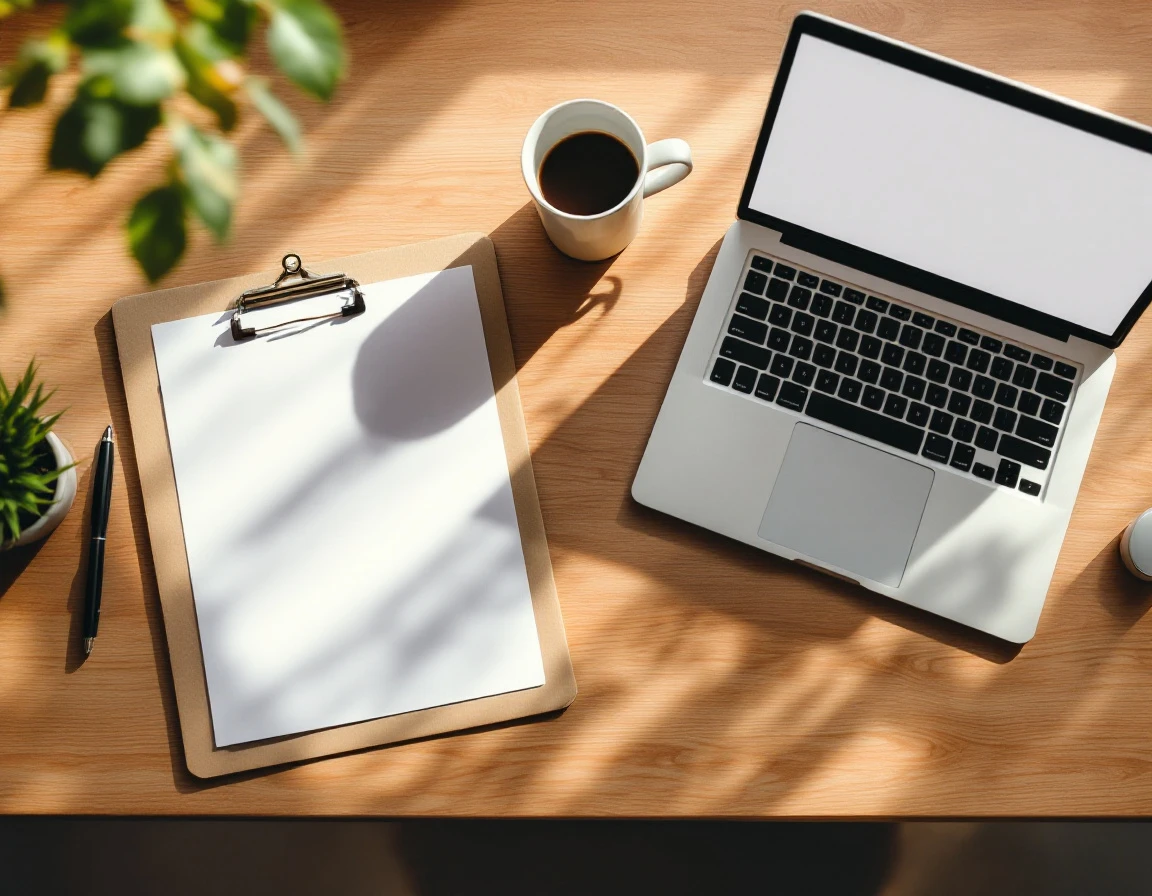 Overhead view of organized office desk with onboarding materials, laptop, and coffee cup in natural lighting