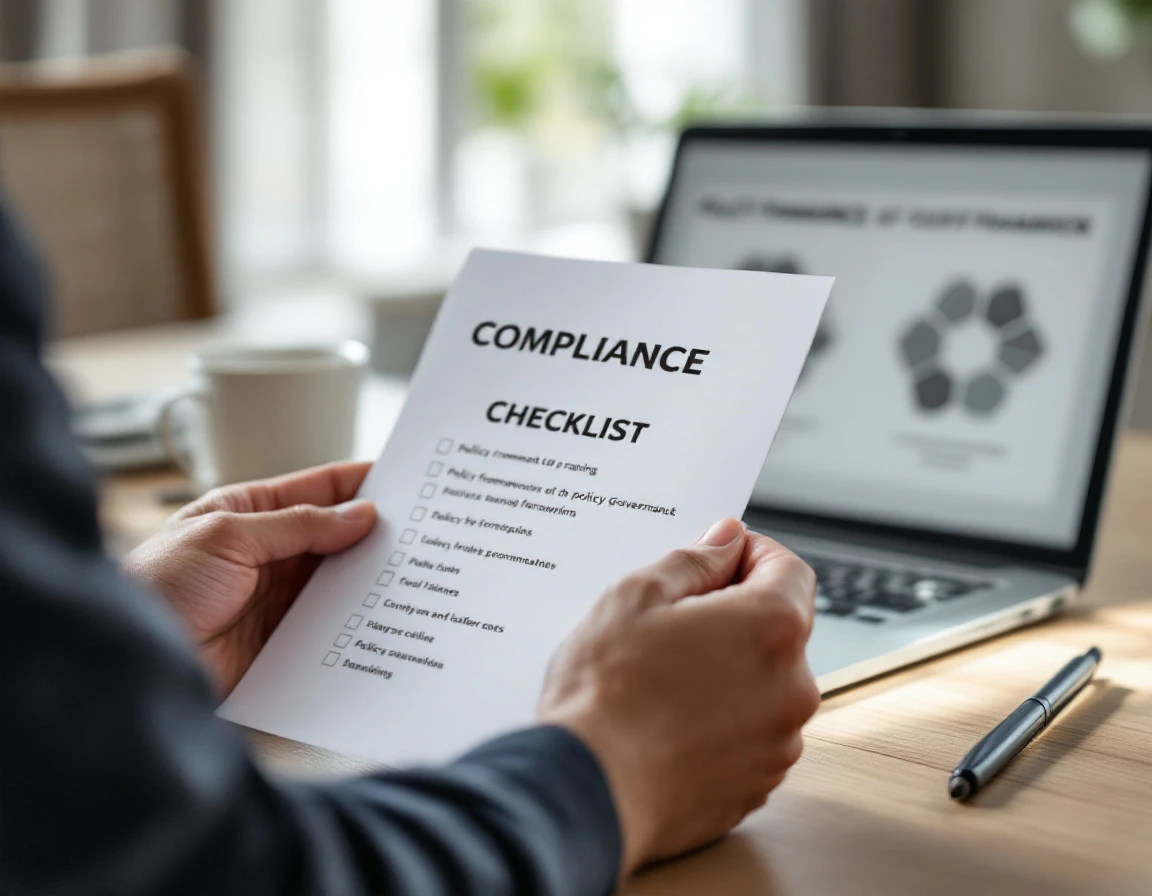 Professional reviewing AI governance compliance checklist at workspace with laptop and policy materials
