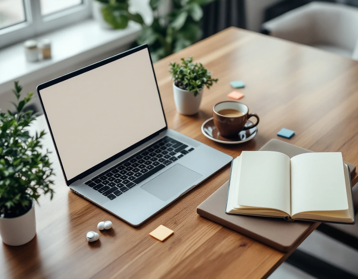 Overhead view of organized L&D professional's desk with laptop, blank notebook, and coffee cup