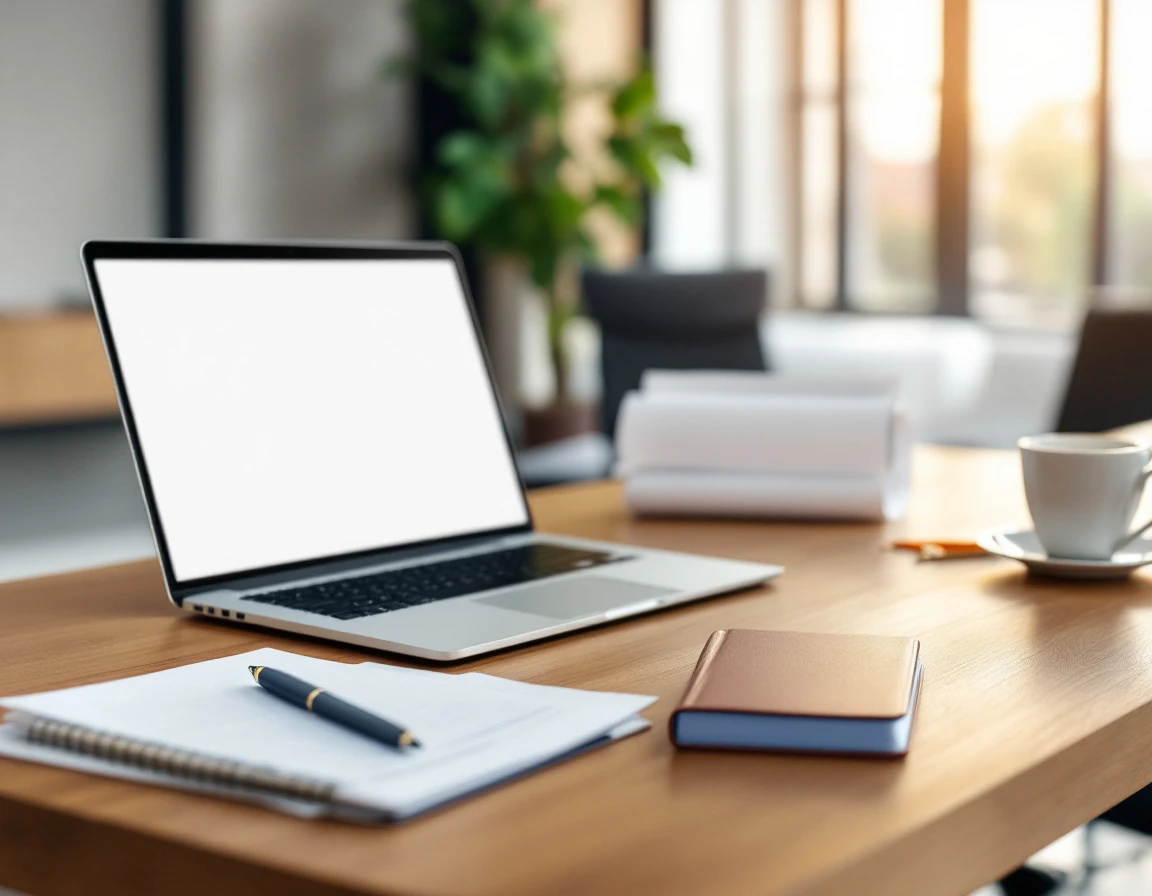 Office desk with laptop and compliance materials in corporate training environment