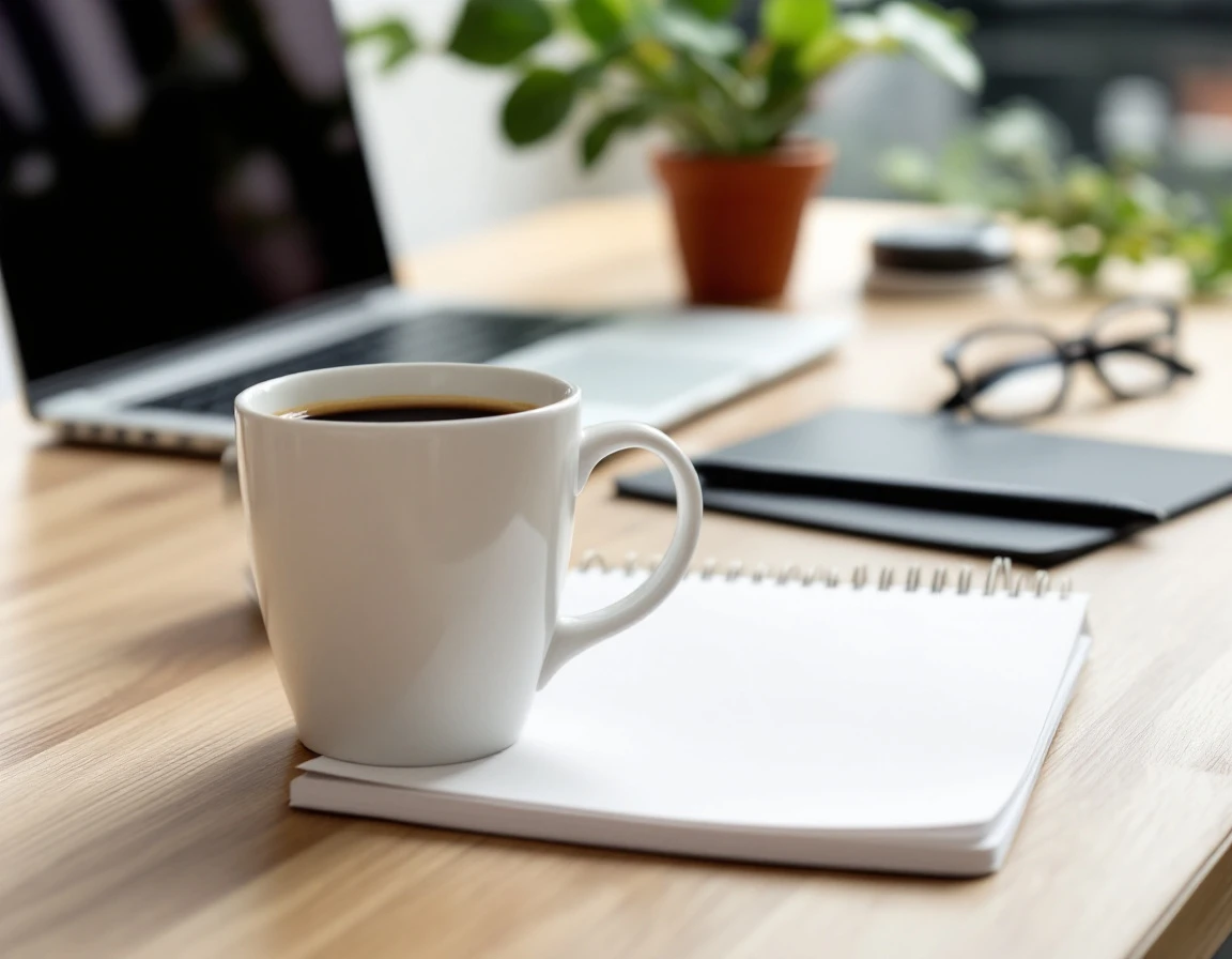 Organized desk workspace with notebook, coffee mug, and succulent plant in natural light
