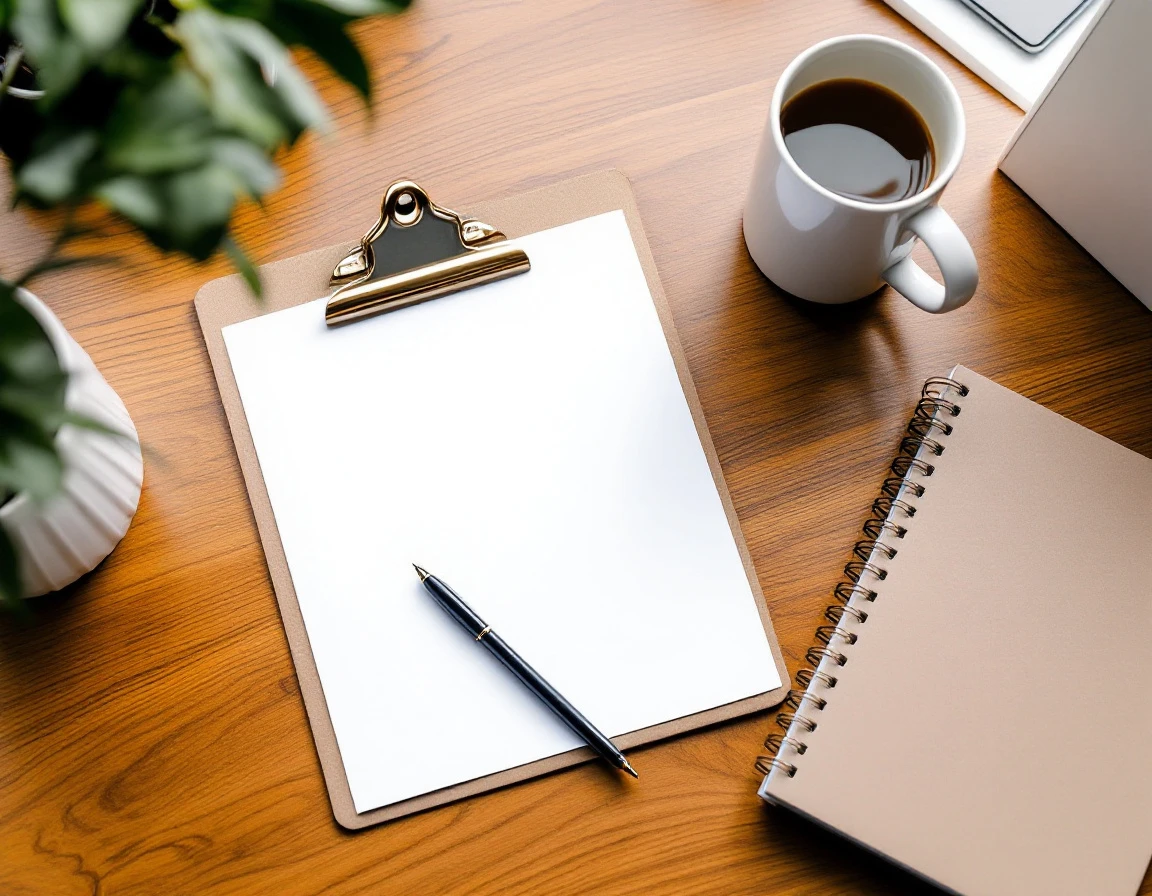 Blank clipboard with plain paper on wooden desk beside coffee mug and closed notebook