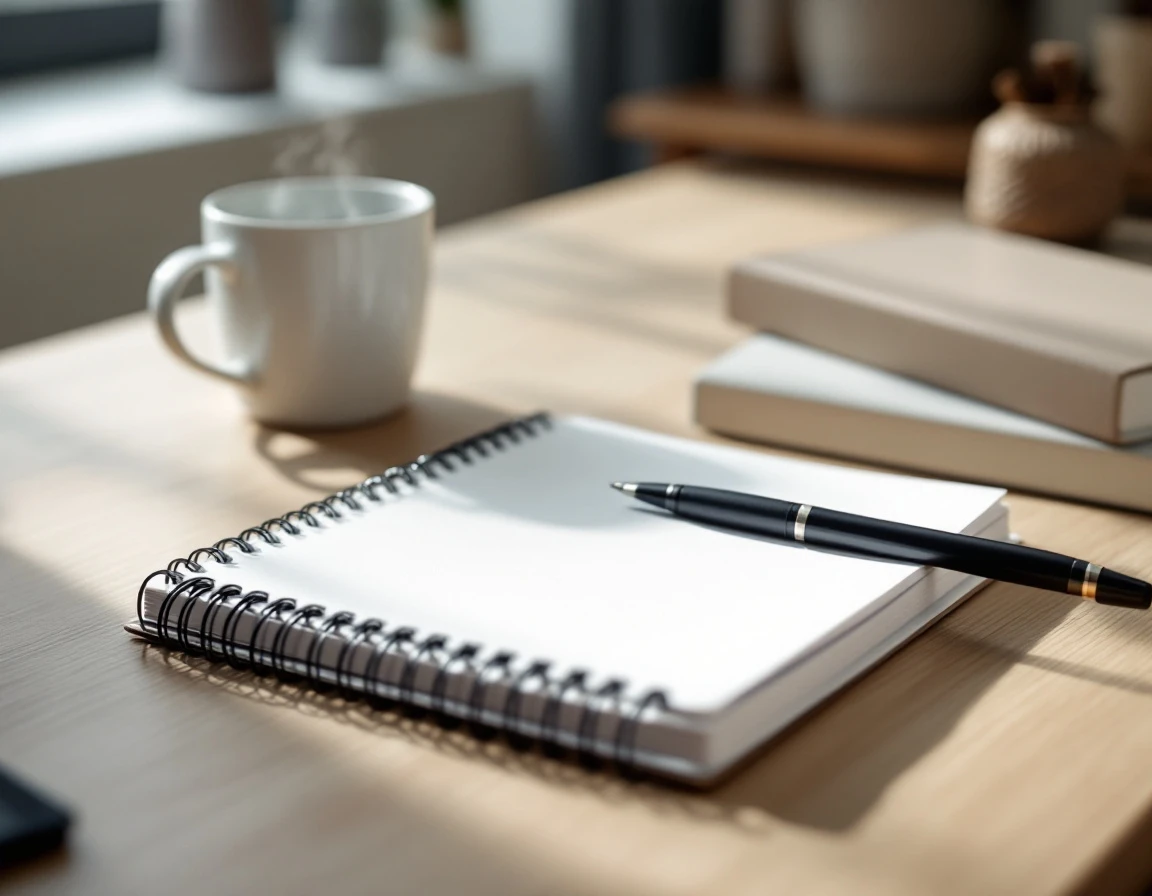 Workspace desk with blank training materials, notebook, pen, and coffee mug in natural morning light
