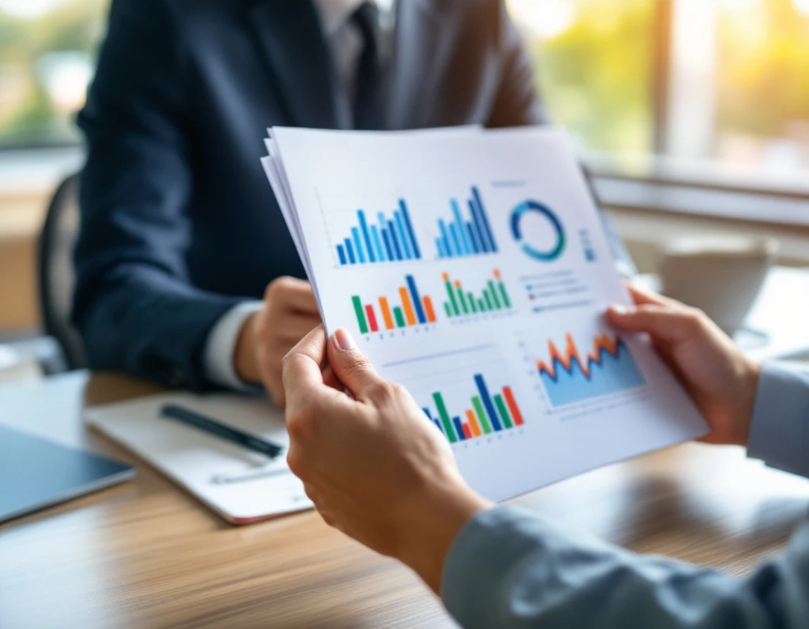 Professional reviewing blurred analytics reports and performance data on office desk with laptop