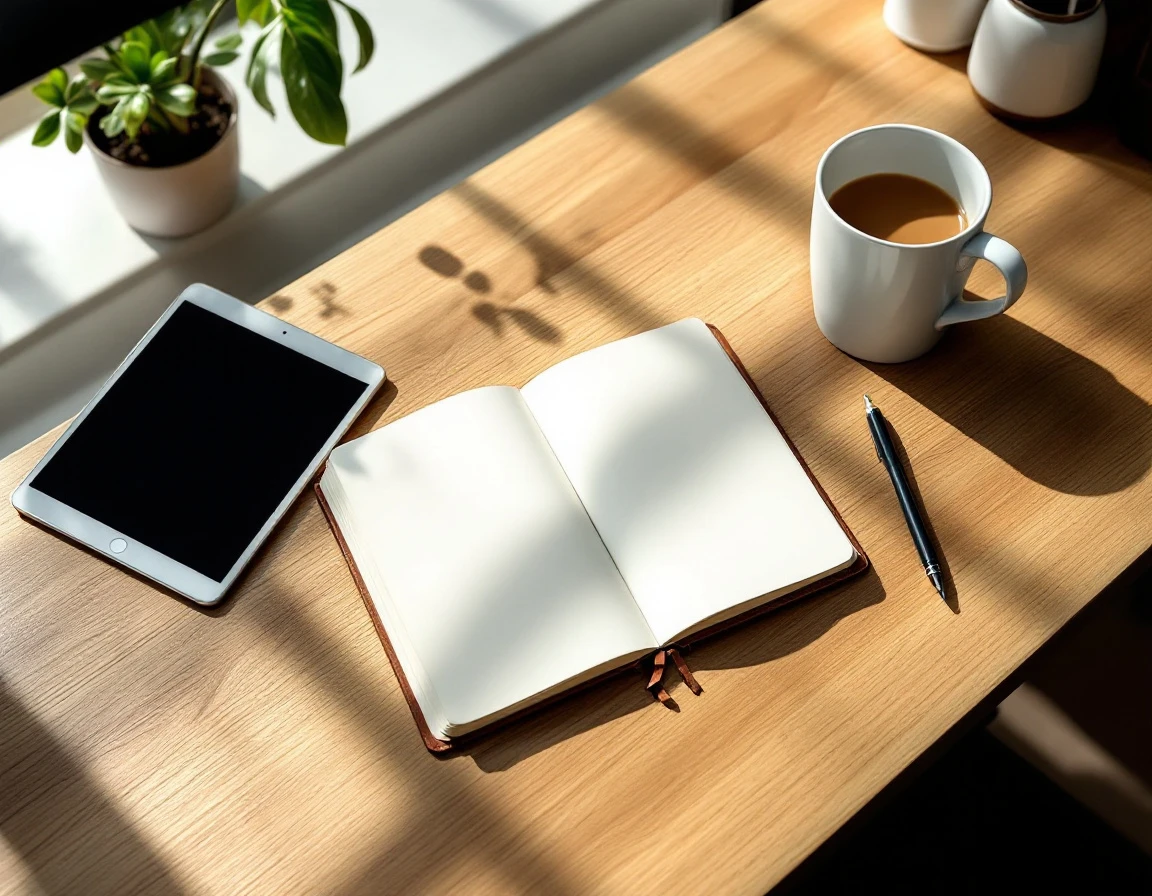 Training workspace with notebook, tablet, and coffee mug arranged on wooden desk in natural lighting