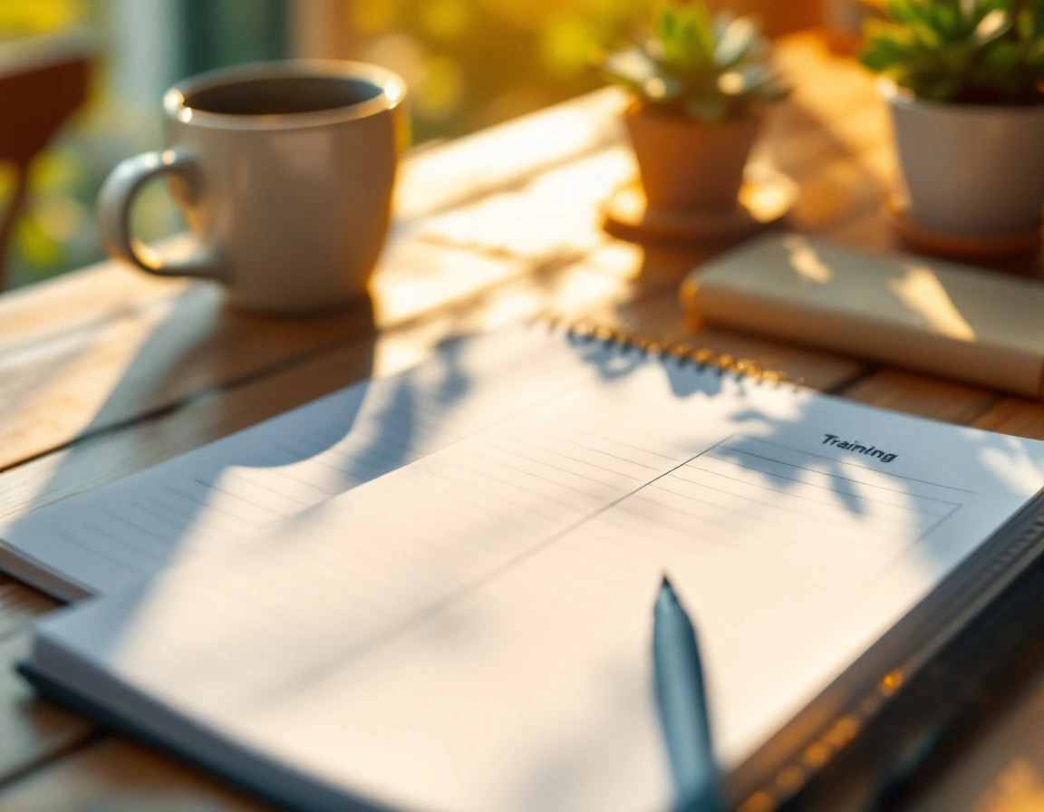 Open training schedule notebook on wooden desk with coffee mug and plant in natural summer sunlight