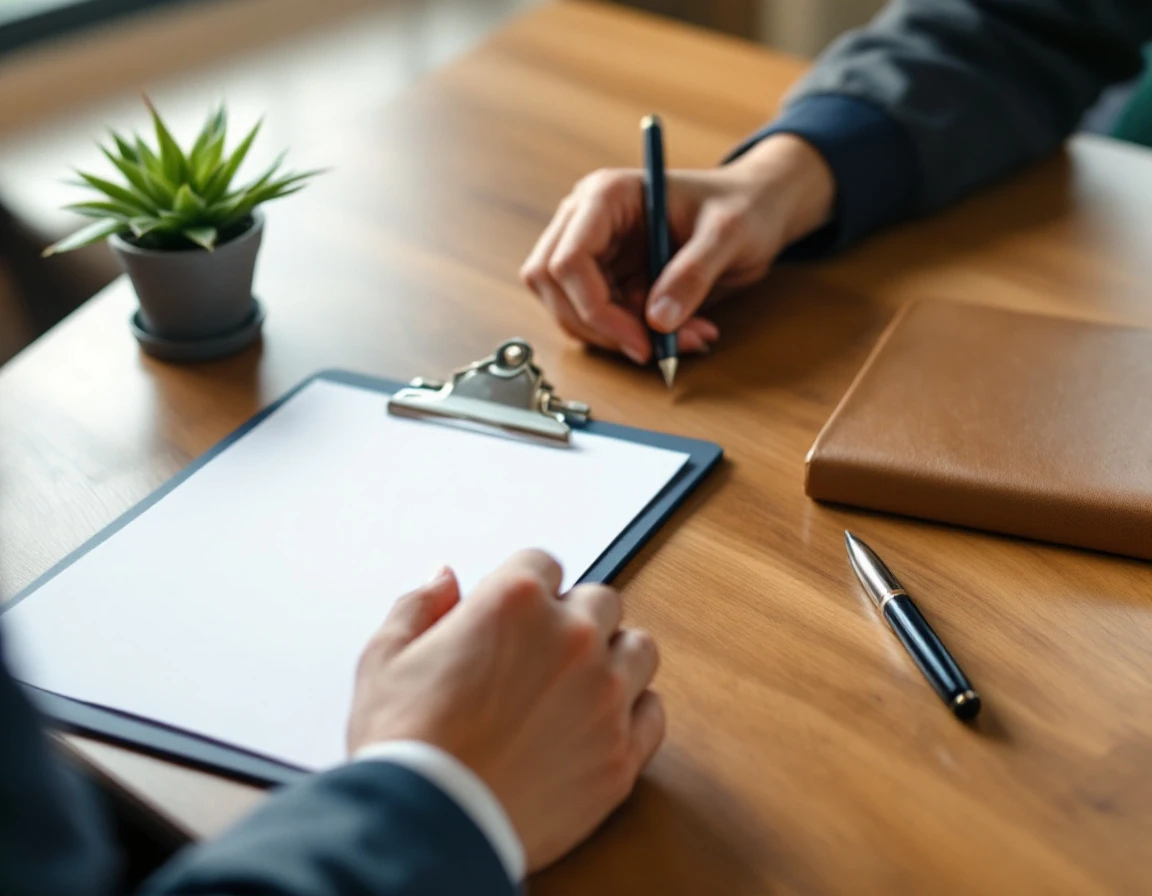 Blank clipboard and organized workspace showing systematic compliance review preparation