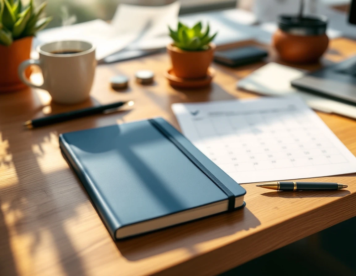 Organized desk with closed notebook, blank calendar grid, and checkmark symbol in natural sunlight