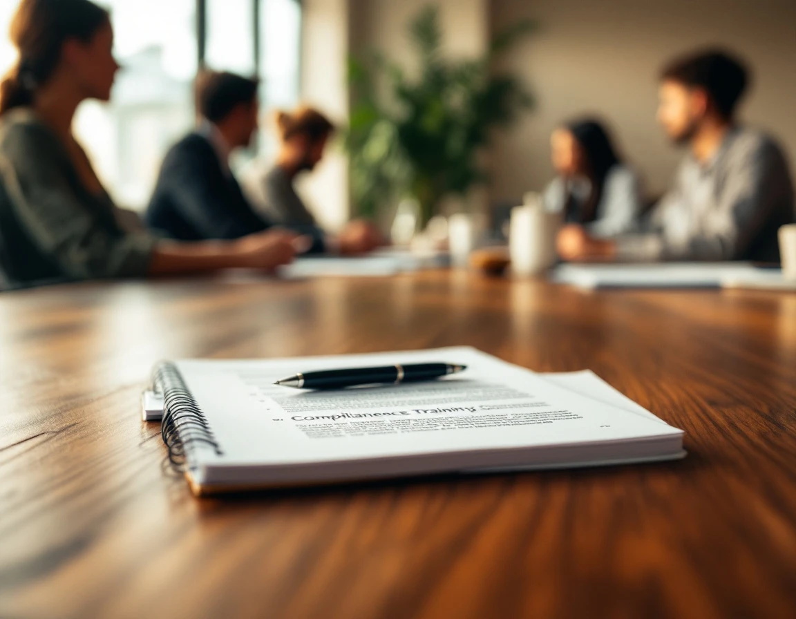 Conference table with training materials and notebook during compliance meeting with natural window lighting