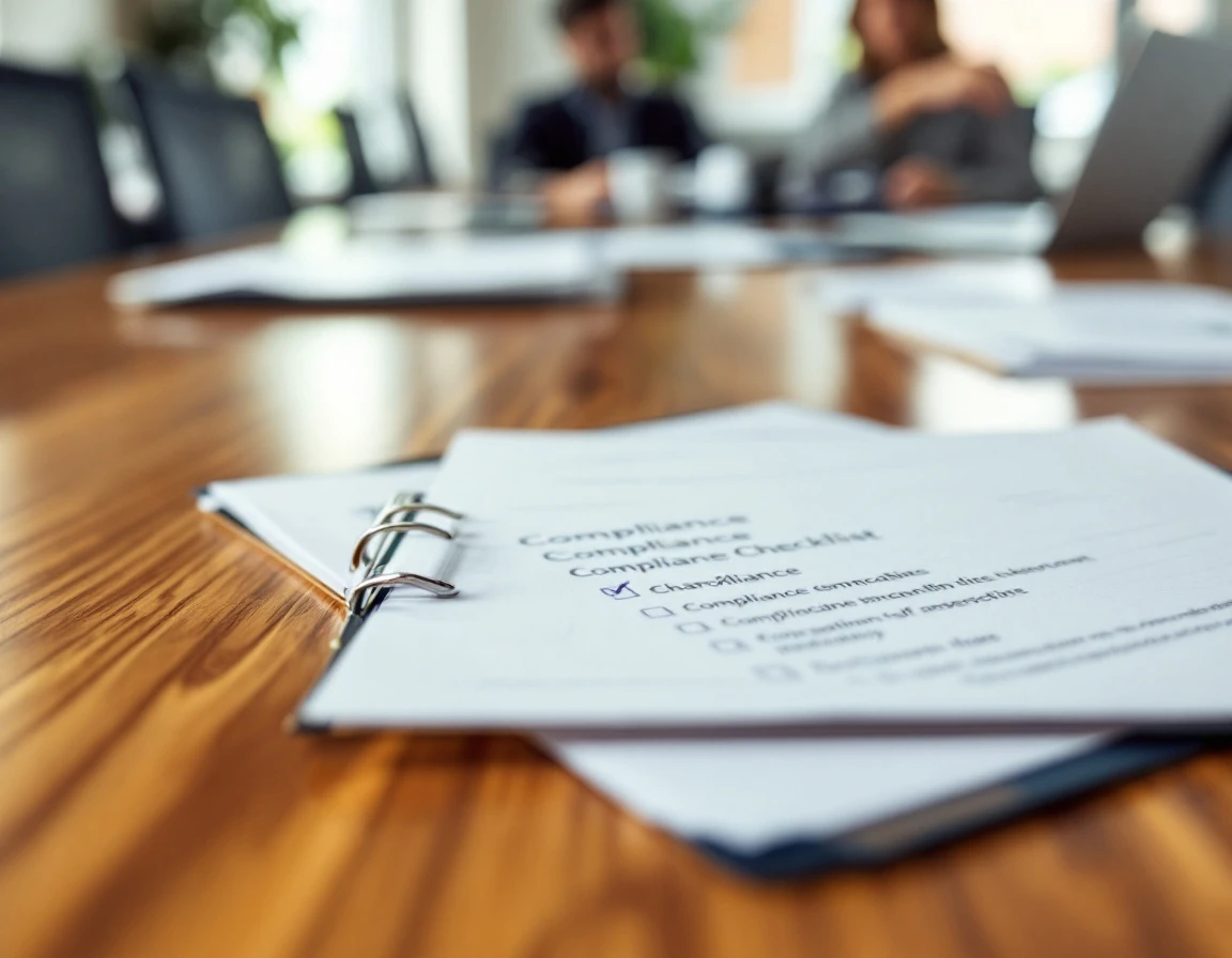 Close-up of compliance training materials and clipboard on conference table in professional office setting