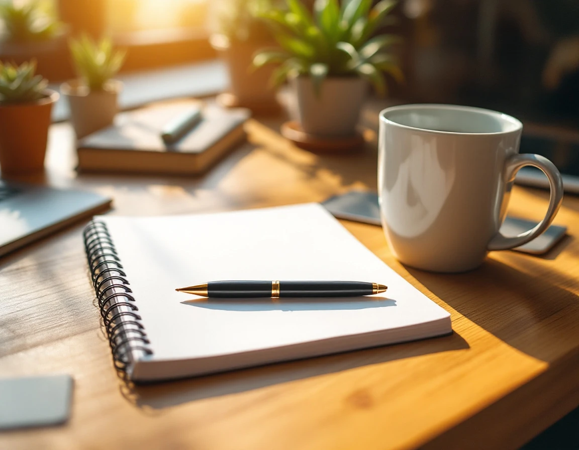 Open notebook on desk with coffee mug and plants in natural sunlight for employee coaching session