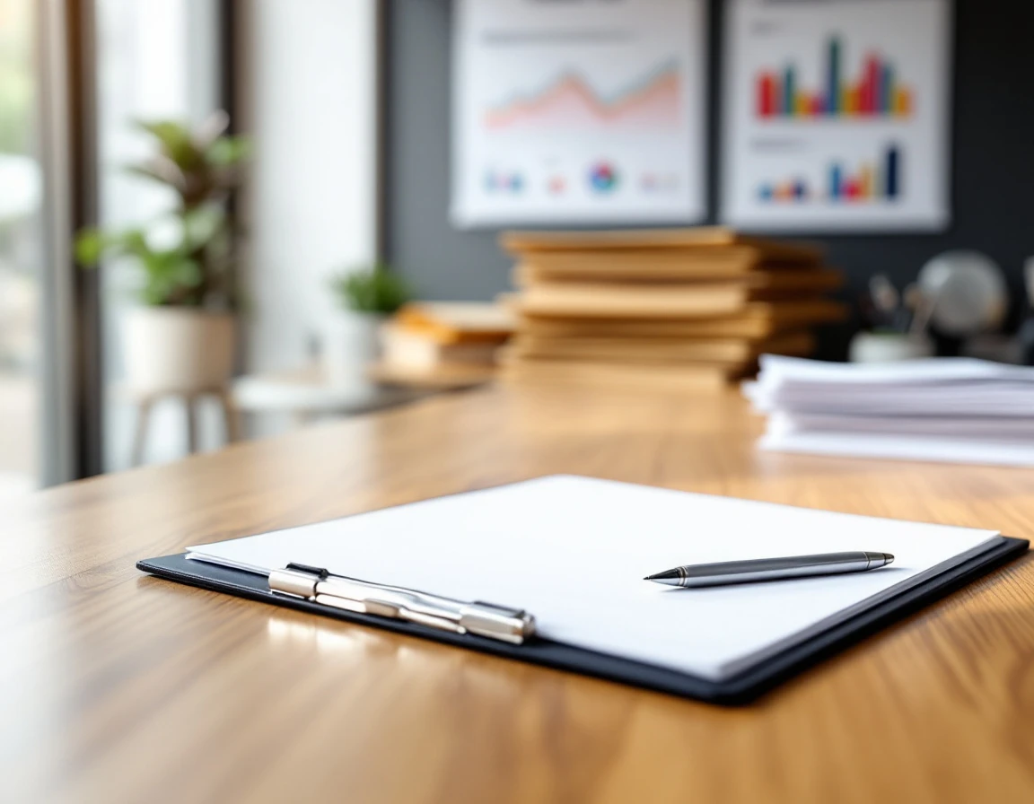Organized desk with clipboard, notepad, and pen for documenting employee performance reviews in retail setting