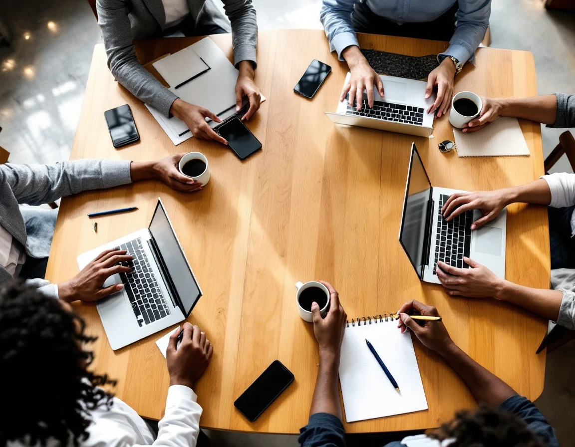 Overhead view of team collaboration around wooden table with laptops and coffee cups