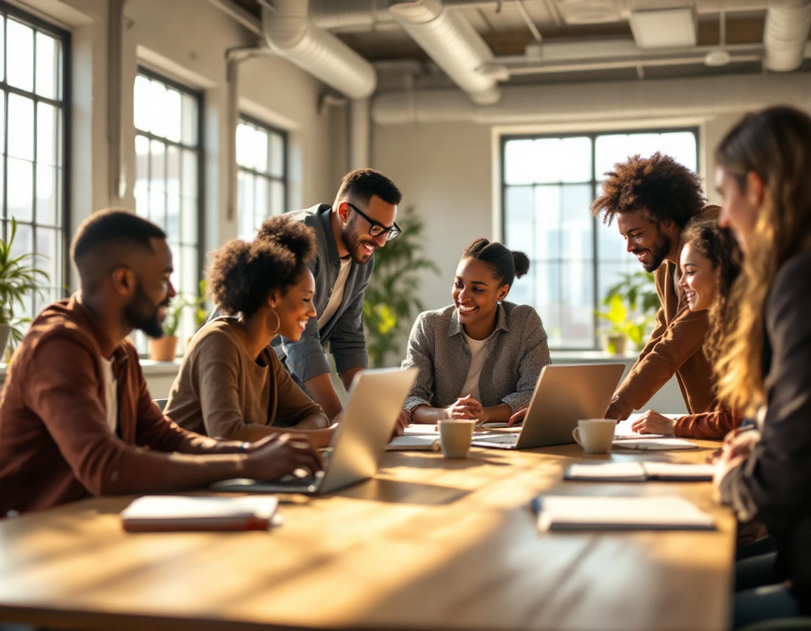 Team collaboration session in modern office with natural lighting and shared workspace materials