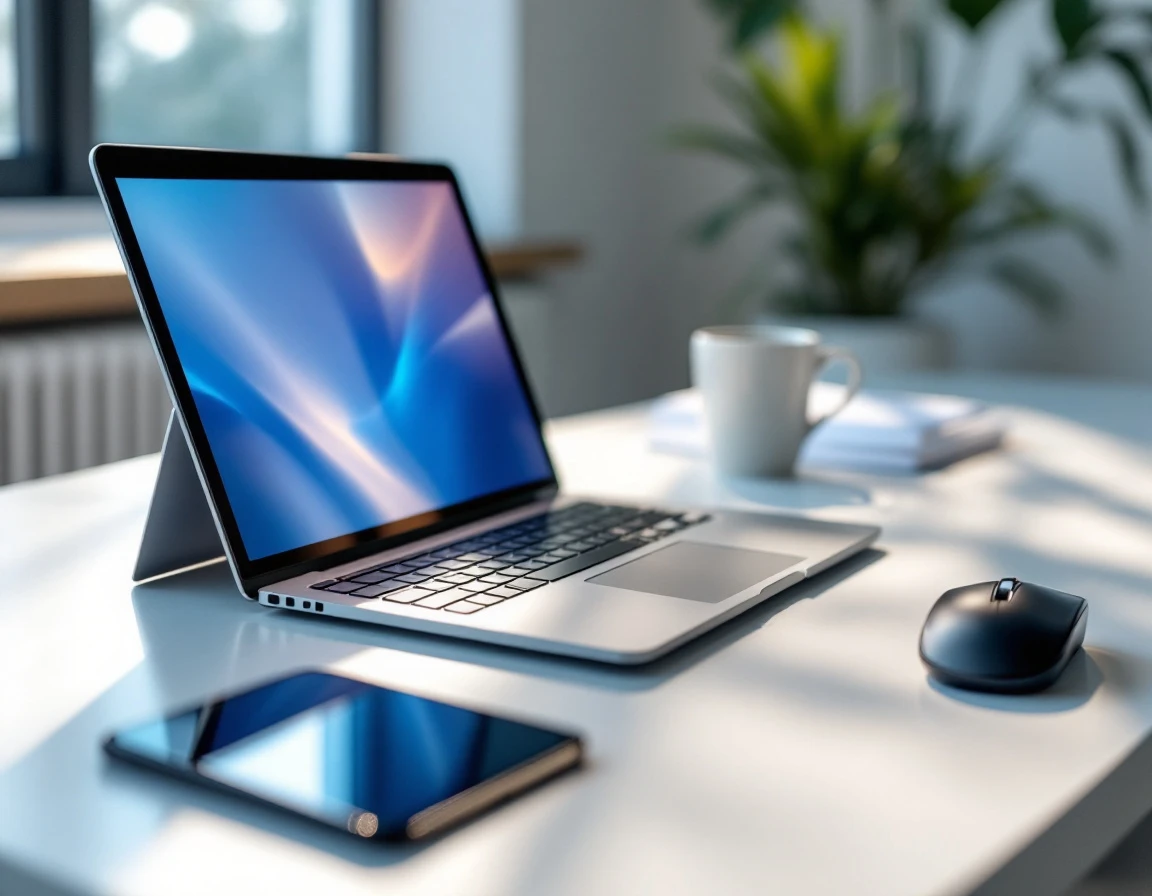 Multiple digital devices on desk showing illuminated screens in corporate training workspace
