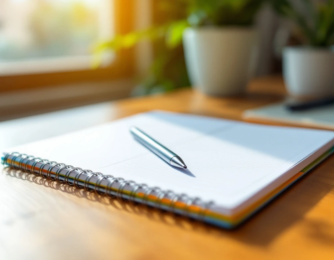Open training planner with colorful tabs on wooden desk in natural sunlight with pen