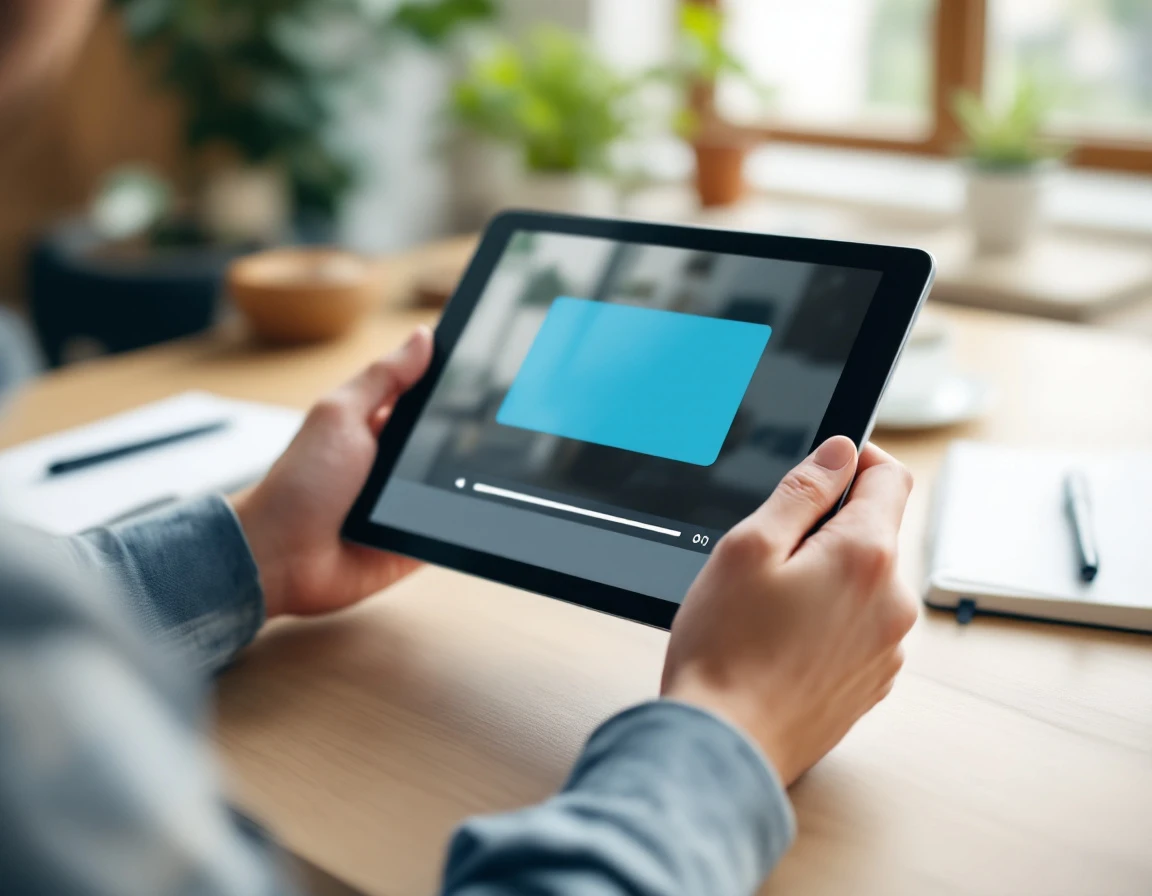 Hands holding tablet displaying training video tutorial in professional office learning environment