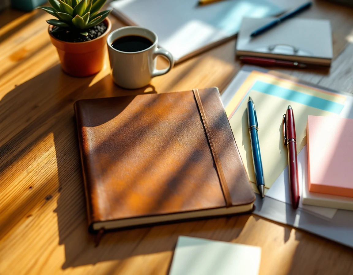 Professional development workspace with journal, coffee, and stationery arranged on wooden desk in natural light