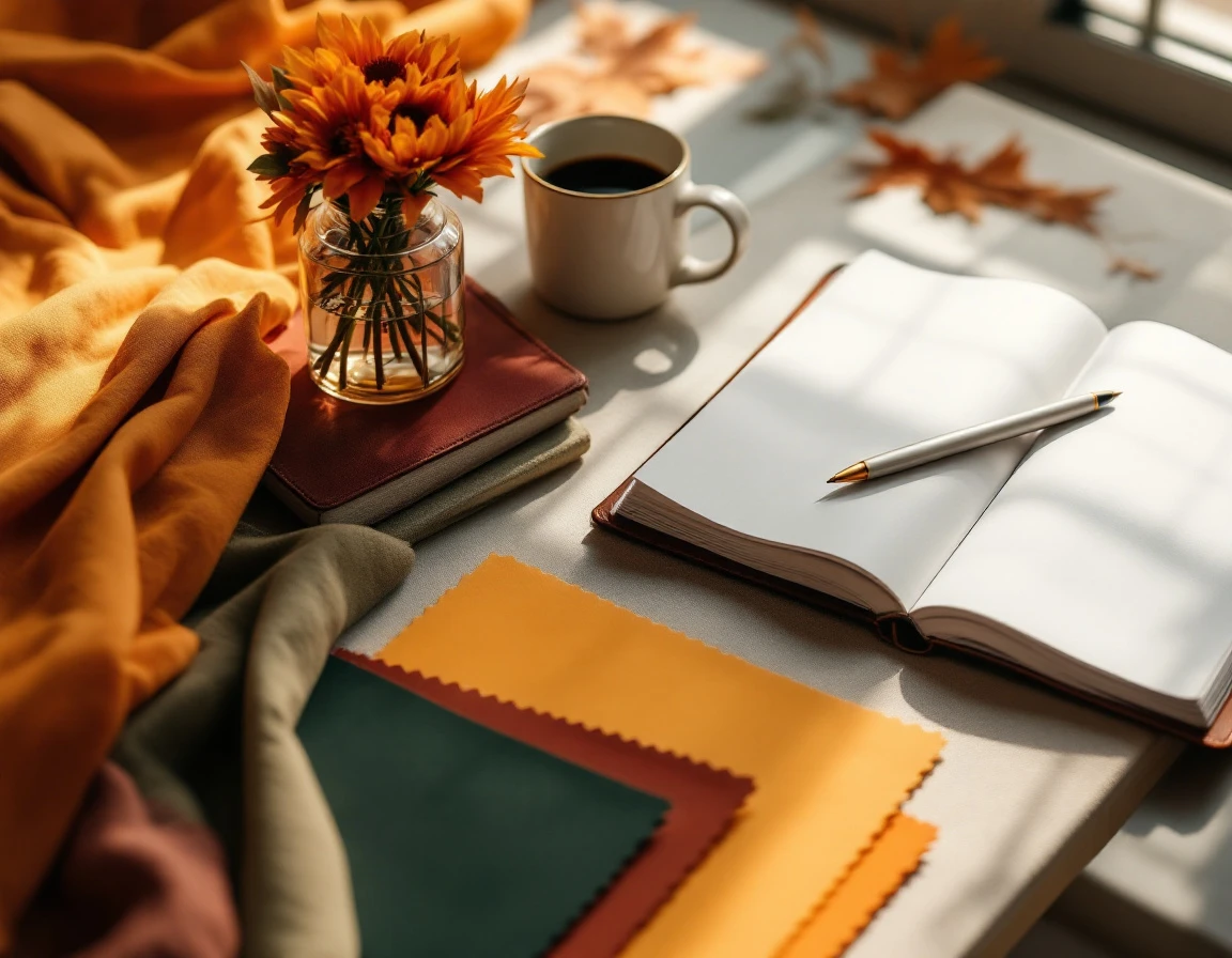 Professional workspace with autumn-colored fabric swatches and planning materials for seasonal training preparation