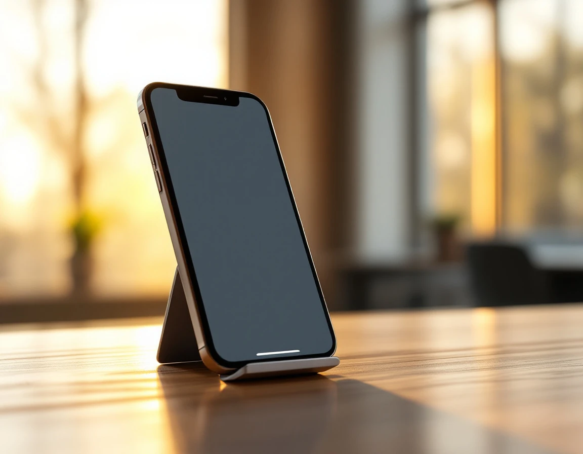 Smartphone on wooden desk during golden hour in modern office training environment