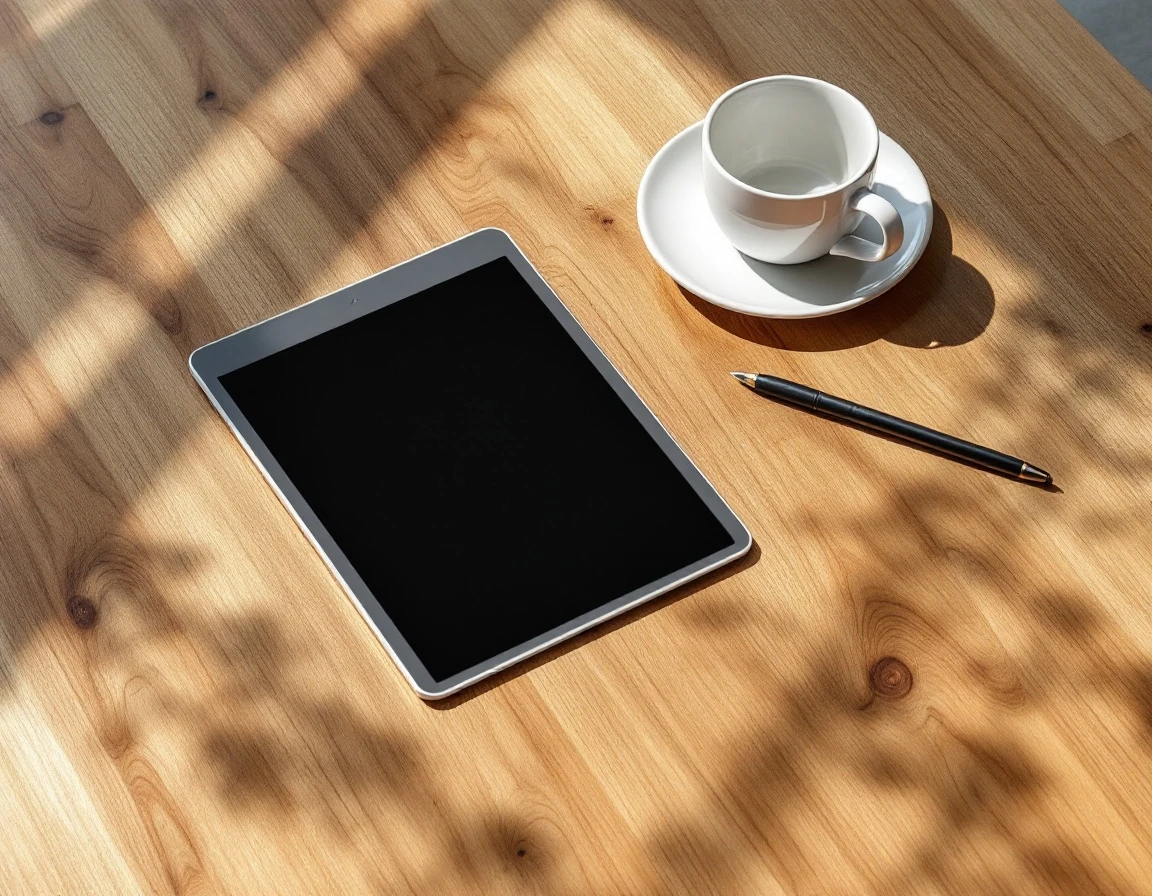Blank tablet and ceramic coffee cups on wooden table in modern training workspace