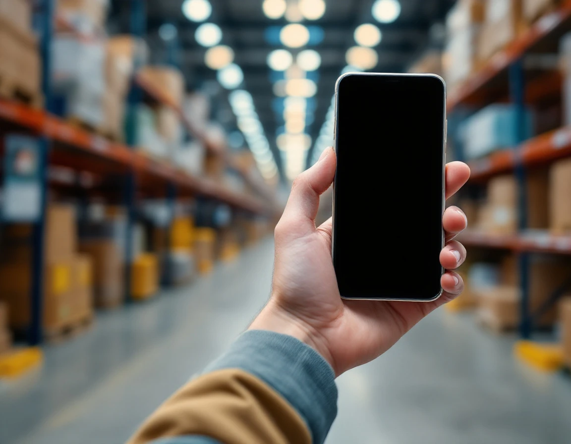 Warehouse employee holding smartphone in retail stockroom with shelving in background
