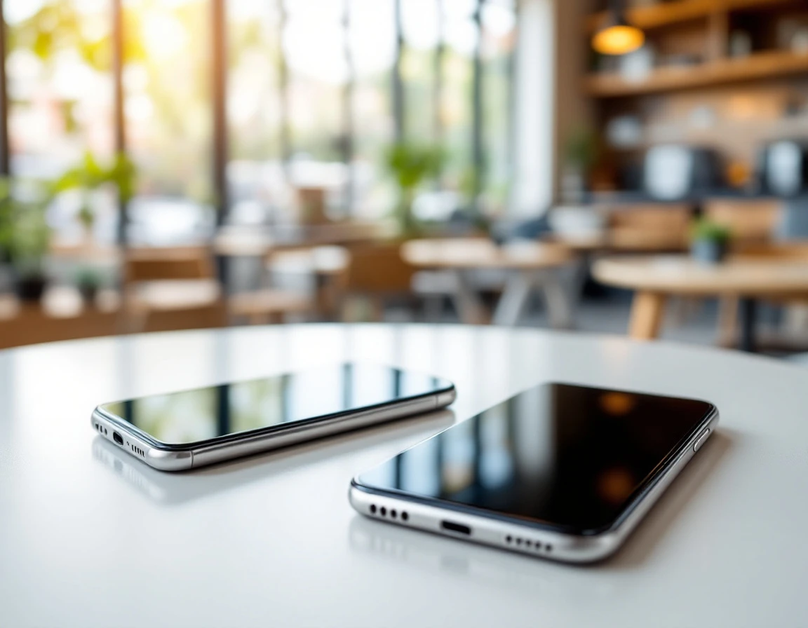 Two smartphones with dark screens on white table in modern office with blurred background