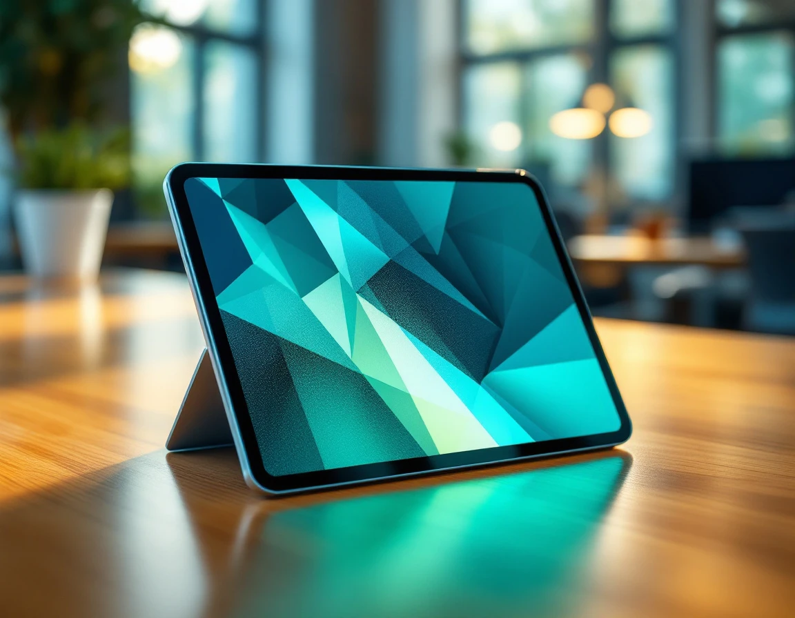 Tablet displaying training analytics dashboard on wooden office desk with natural lighting