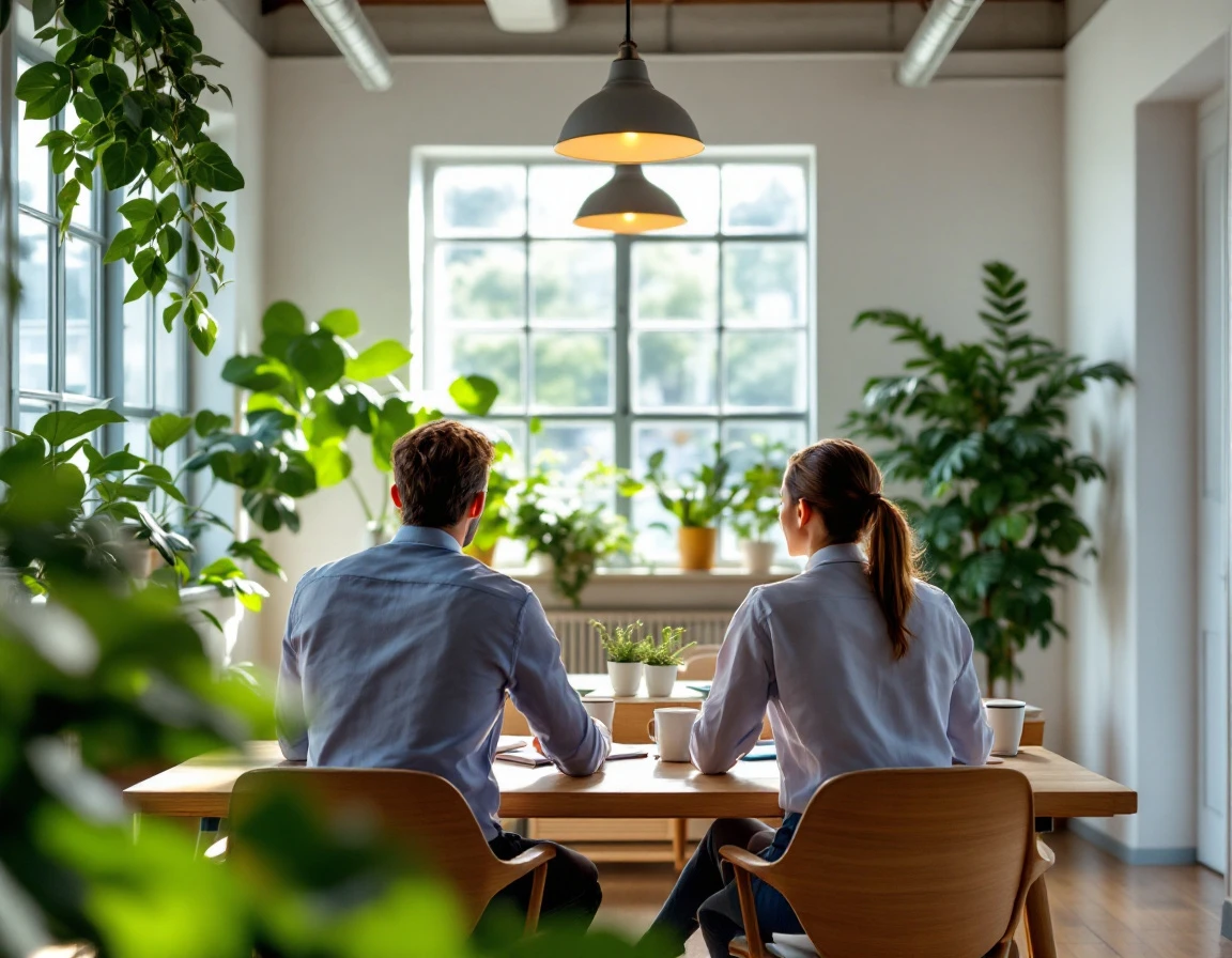 Two professionals collaborating in bright modern office with natural light and greenery