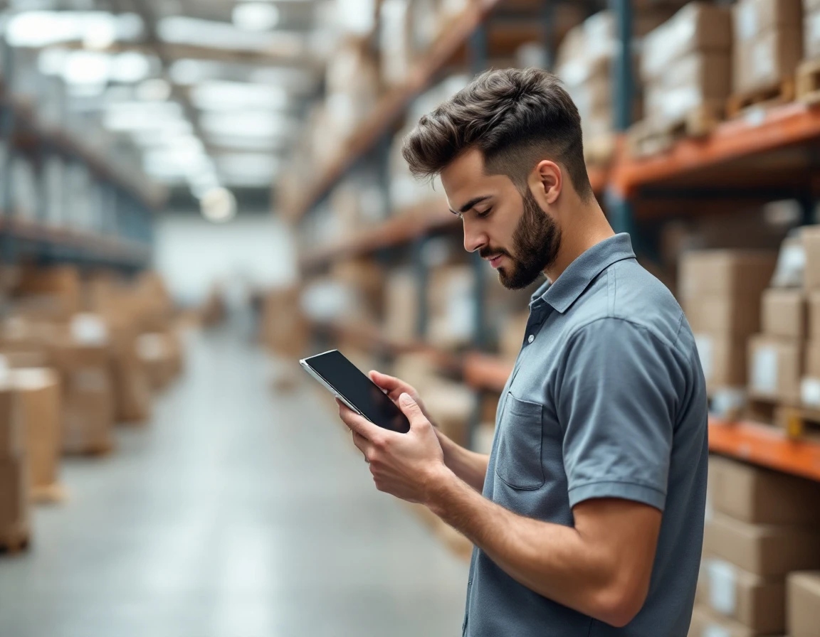 Retail employee holding tablet during onboarding training session in warehouse environment