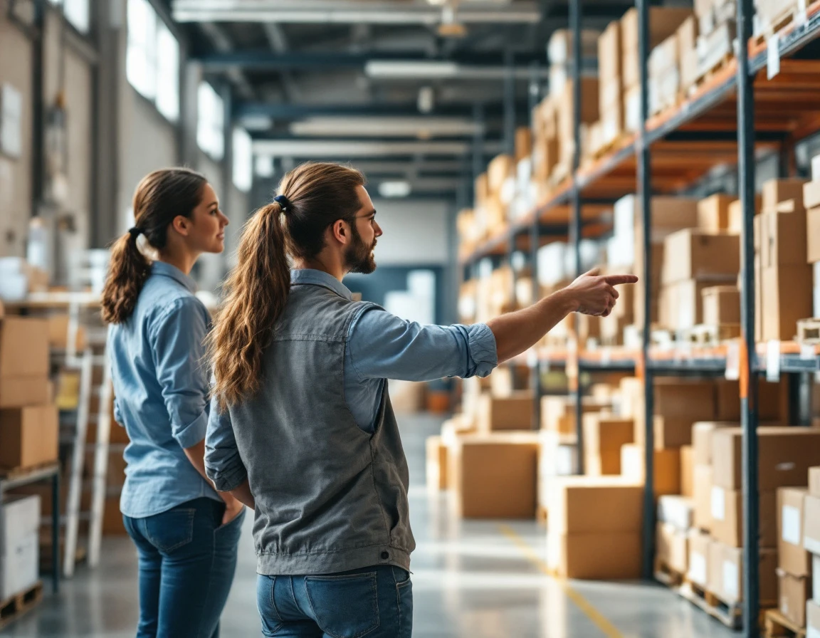 Retail mentorship scene showing senior employee training two new hires in warehouse setting