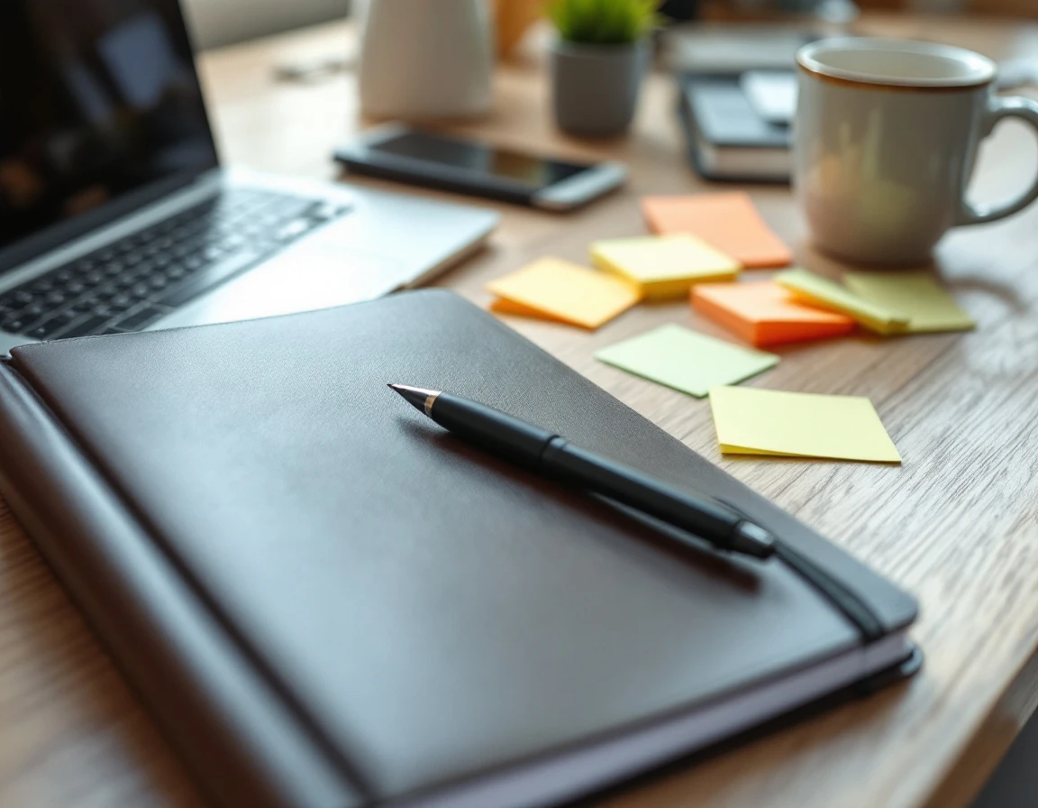 Organized desk workspace with closed planner, laptop, and blurred sticky notes for compliance training scheduling