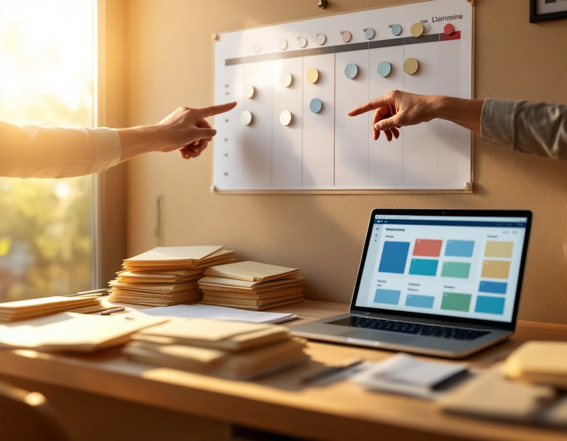 Hand pointing to year-end deadline markers on wall chart with organized training documents on desk