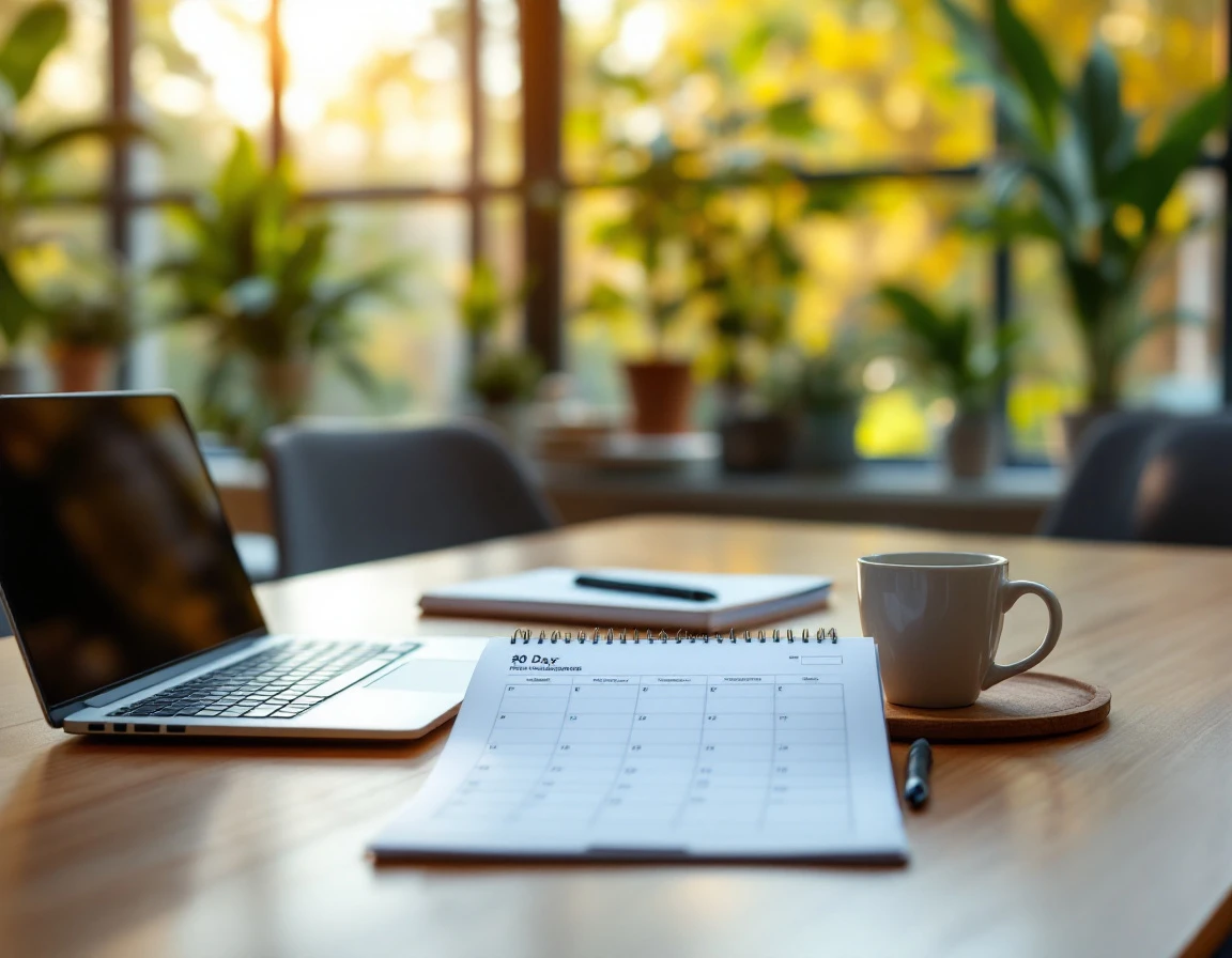 Training materials and calendar on conference table in modern office with natural afternoon light