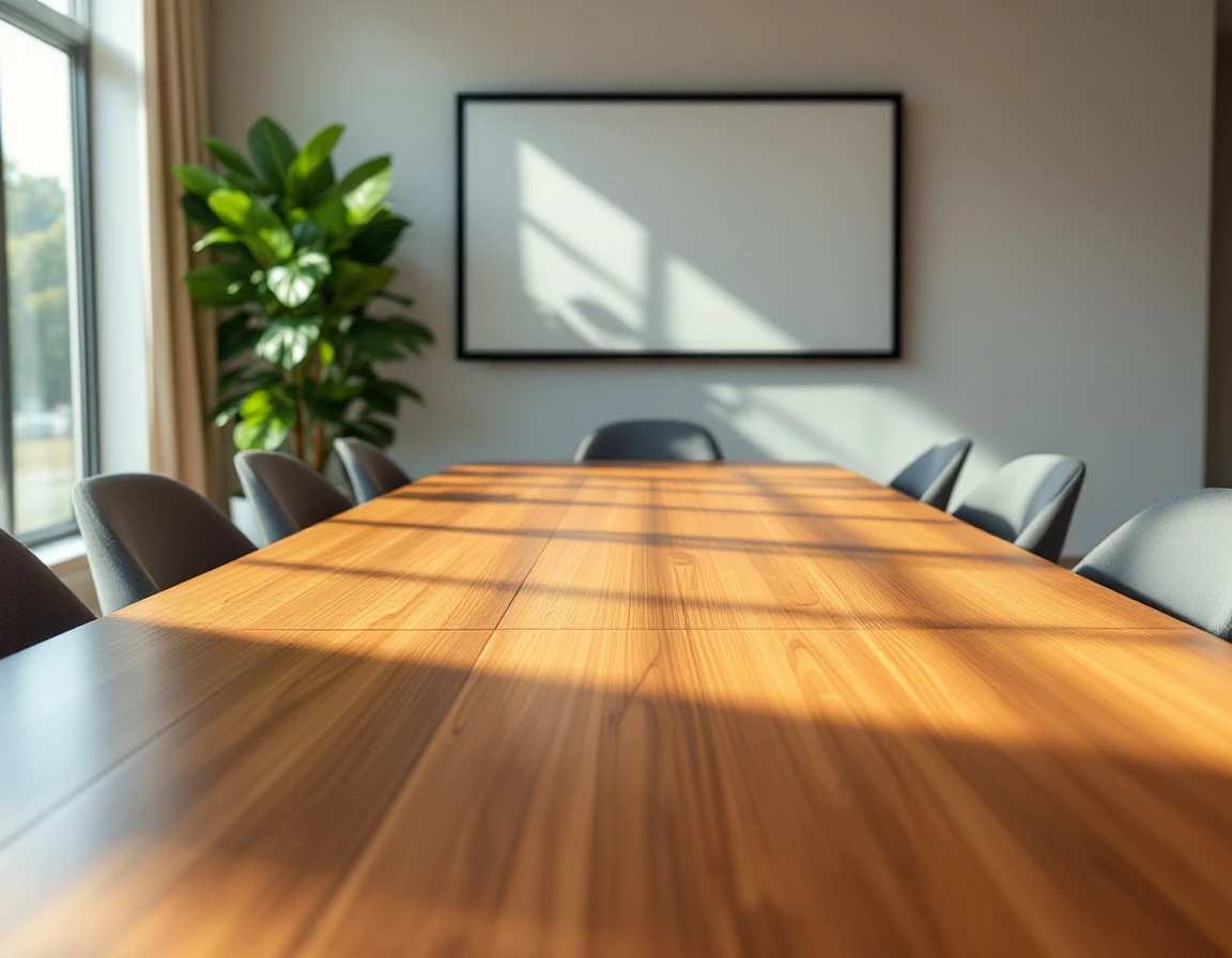 Empty conference room with wooden table and presentation screen ready for training session