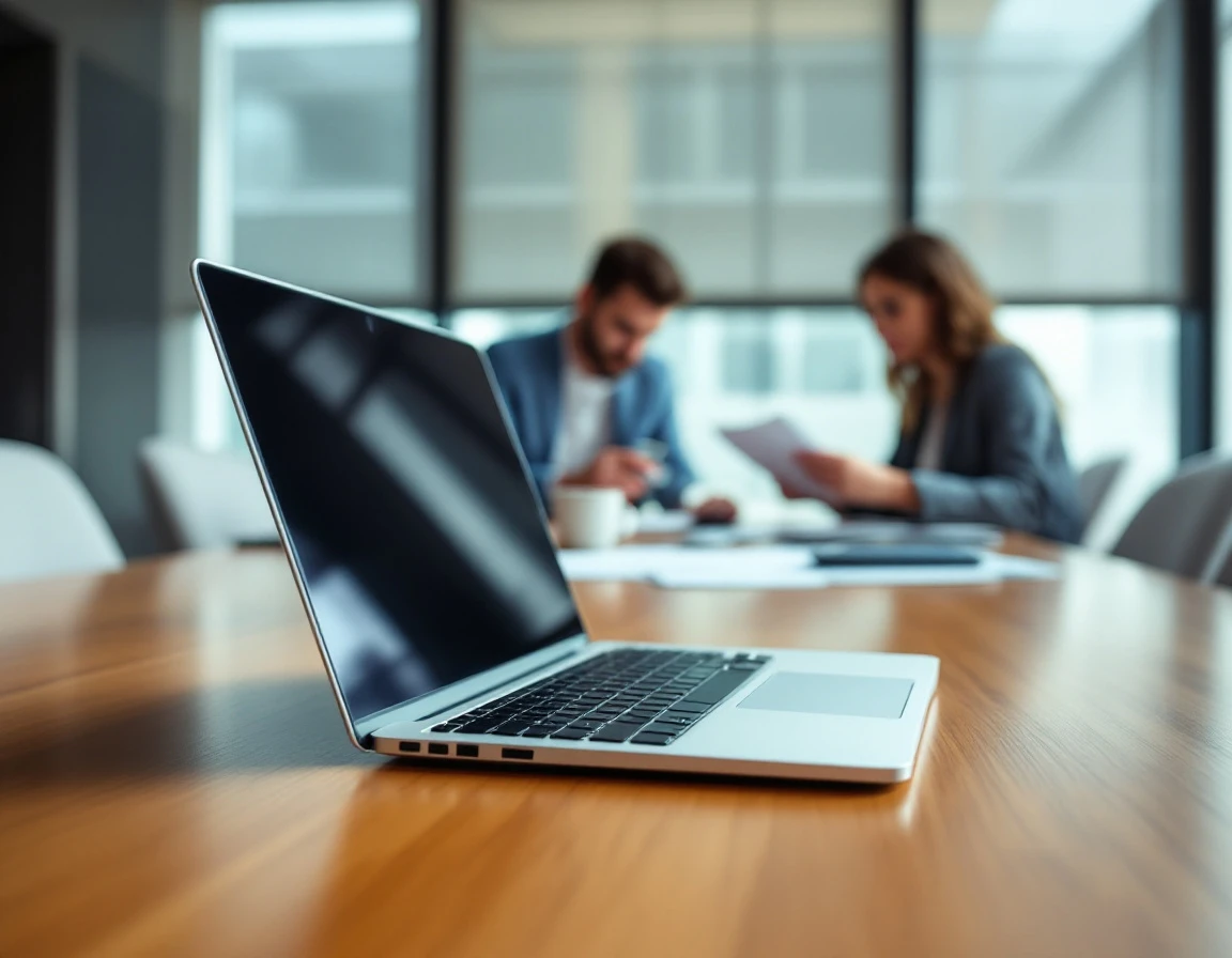 Laptop and coffee on conference table during employee training preparation session