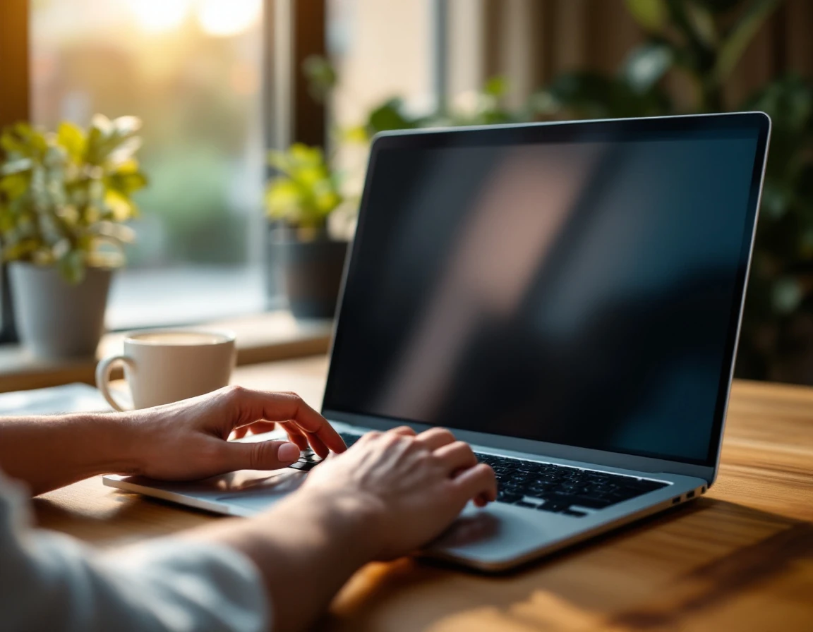 Laptop on wooden desk during video call with coffee mug and office plants in natural window light
