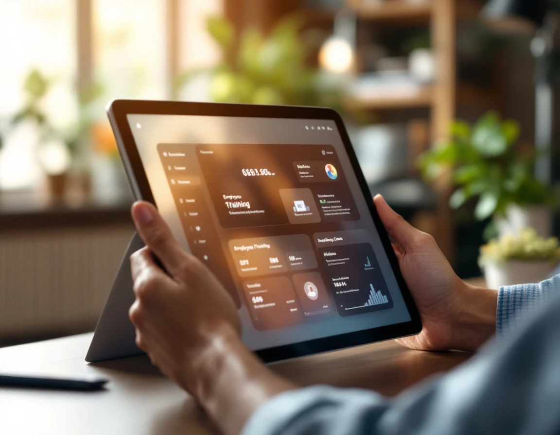 Professional reviewing employee onboarding dashboard on tablet in modern collaborative workspace