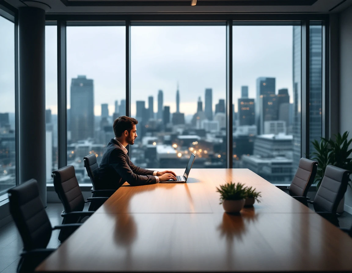 Professional working at conference table in modern office with city skyline view through windows
