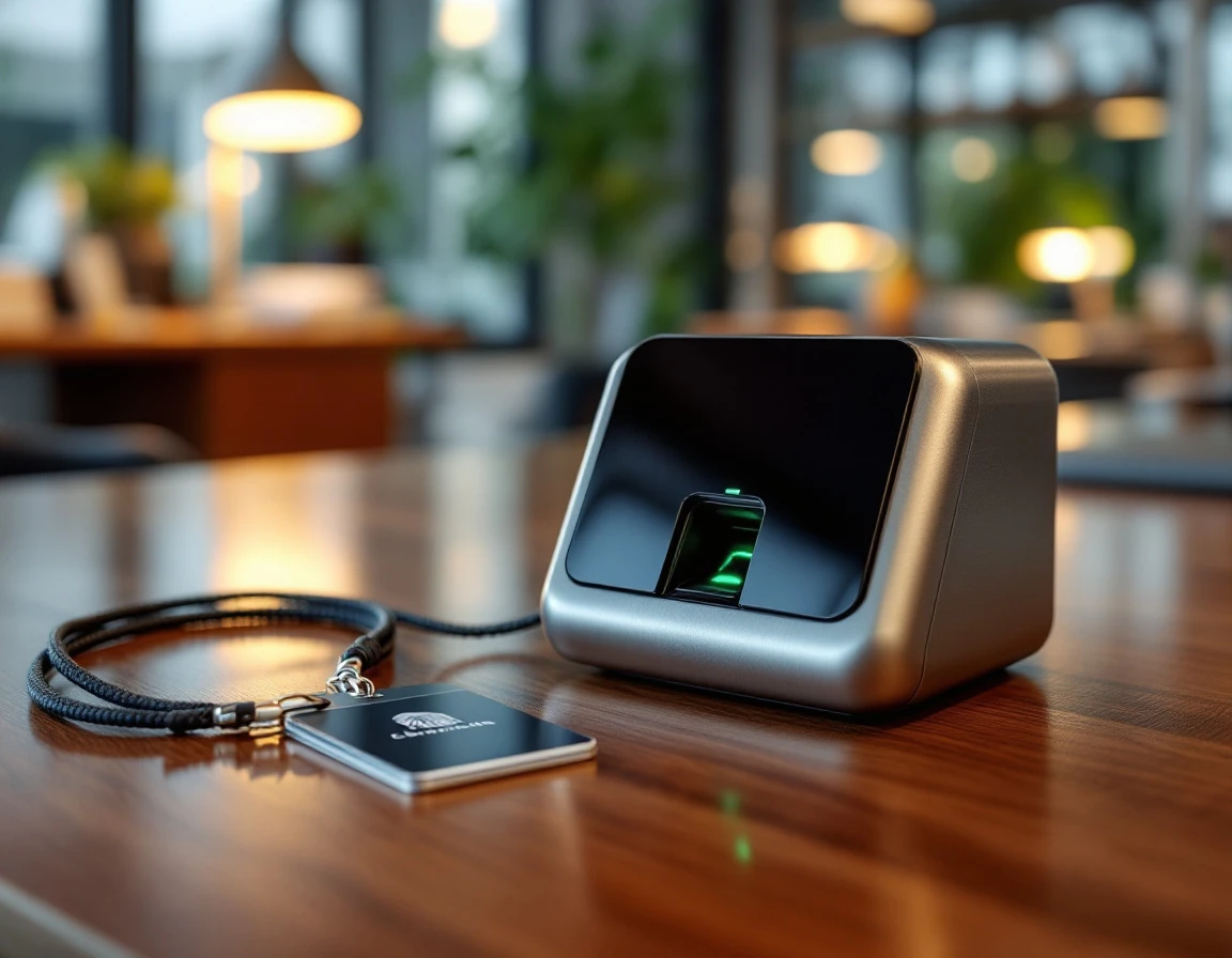 Biometric scanner and security badge on office desk for enterprise identity verification