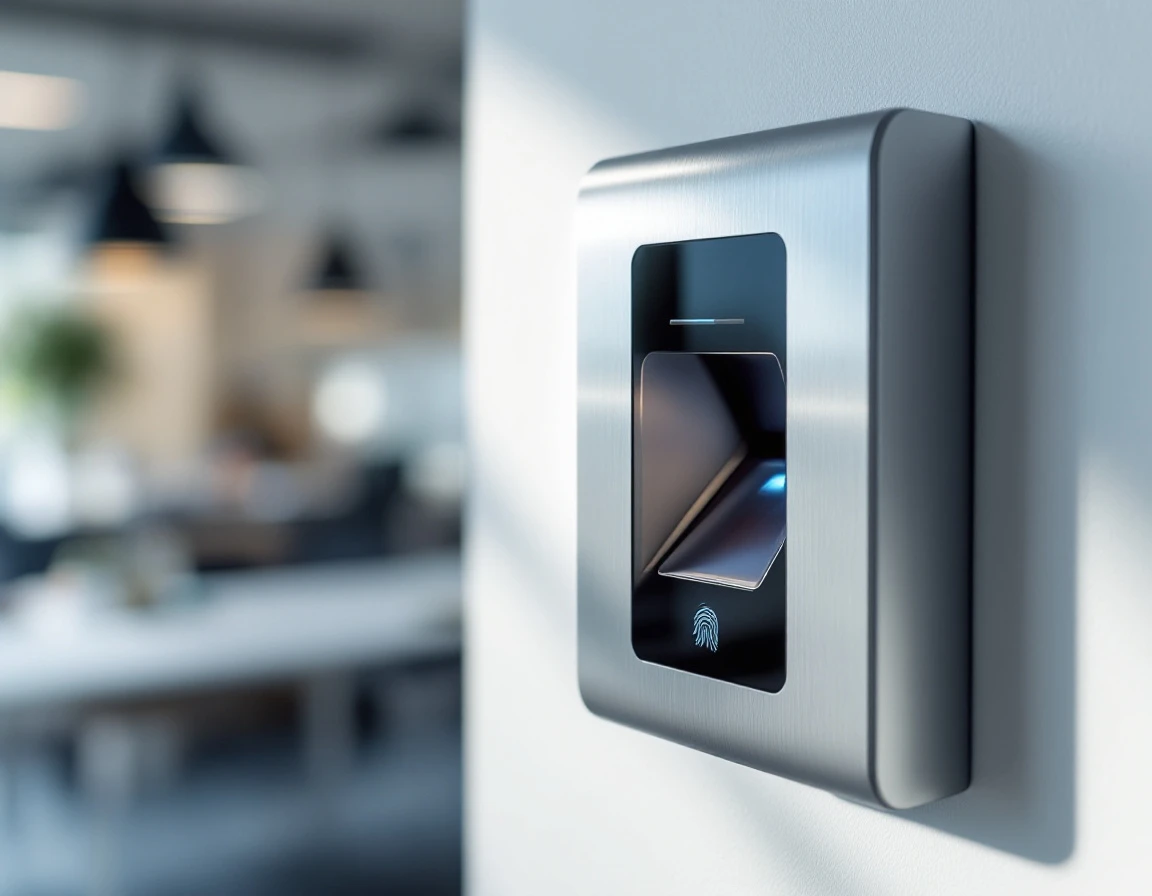 Biometric fingerprint scanner mounted on office wall for enterprise identity verification and access control