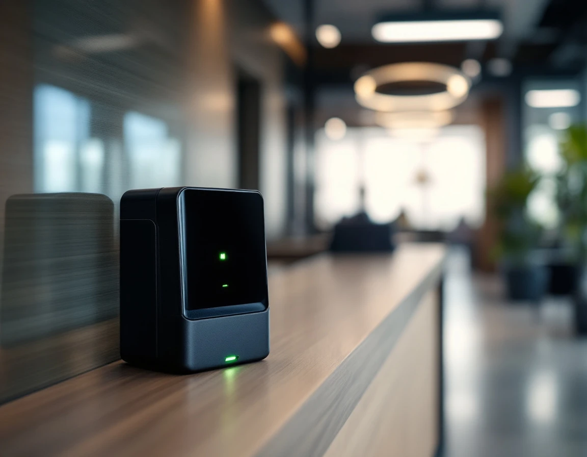 Corporate ID badge scanner and RFID reader on modern office reception desk