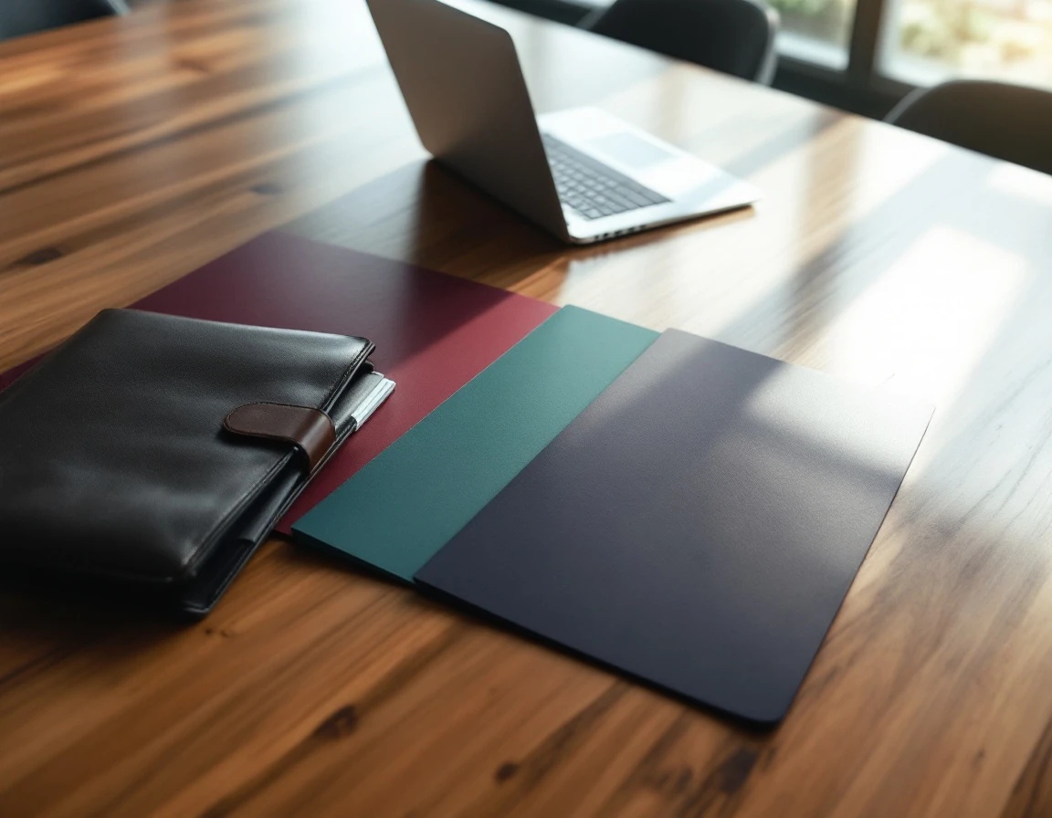 Organized compliance documents and folders on office conference table with natural lighting