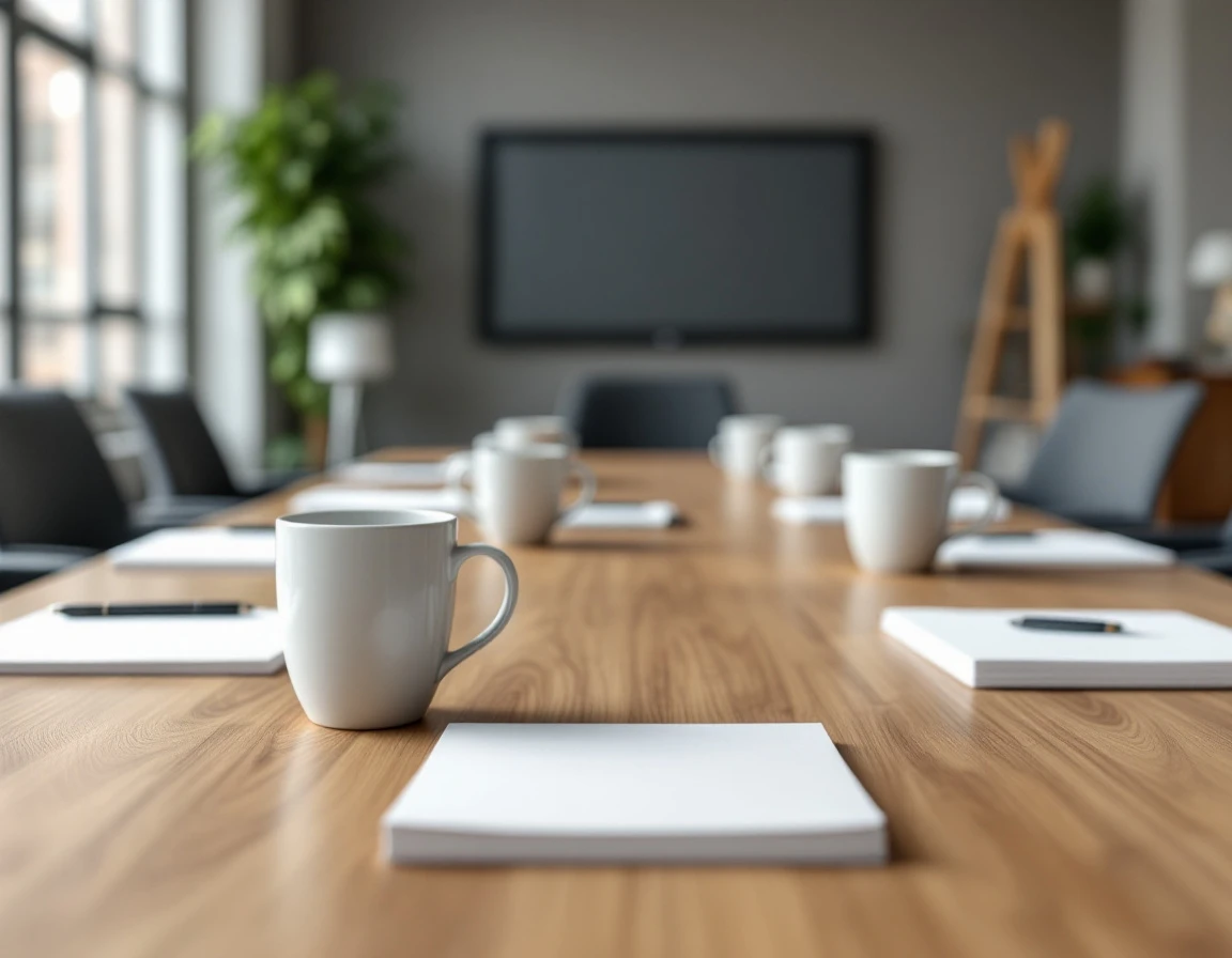 Professional training room with office materials on conference table and collaborative workspace in background