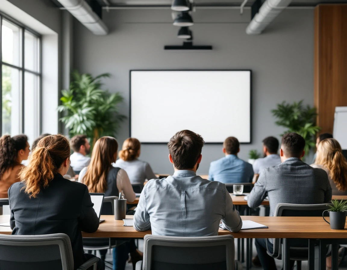 Training room with professionals attending an onboarding session in a modern office setting