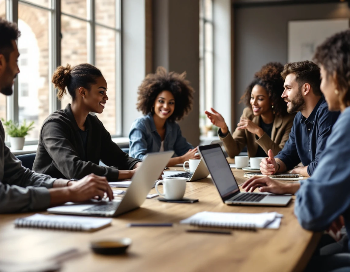 Professional training session with employees gathered around conference table with laptops and coffee